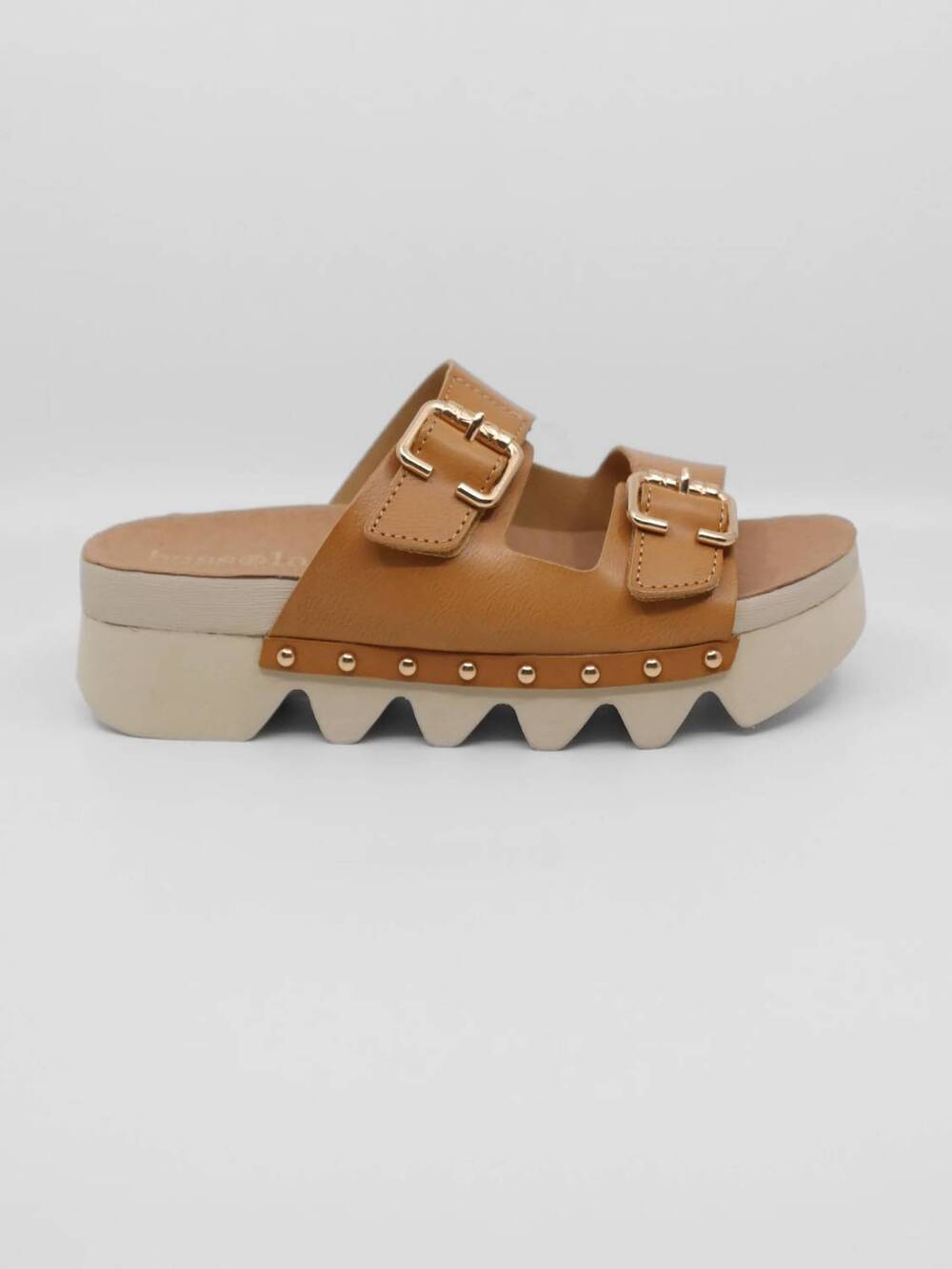 NEW BUSSOLA women's cleopatra buckle strap slide sandal in vachetta brown